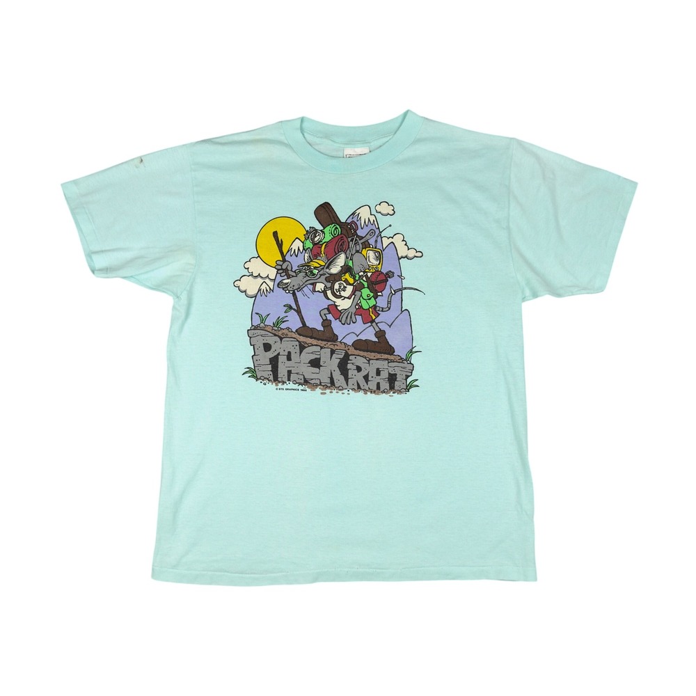 Vtg 80s STS Graphics Pack Rat T-Shirt Men's Large Light Blue Hiking Graphic Tee